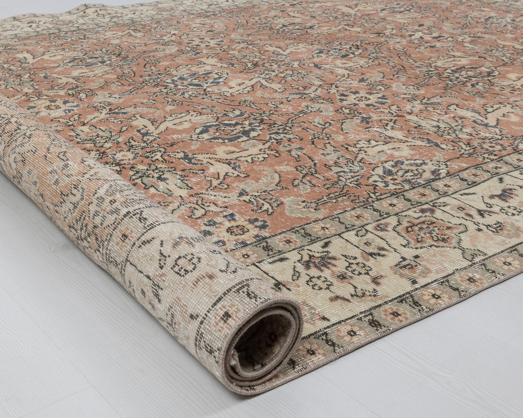 7x10 Vintage Turkish Rug, Soft Terracotta Floral – A-1052