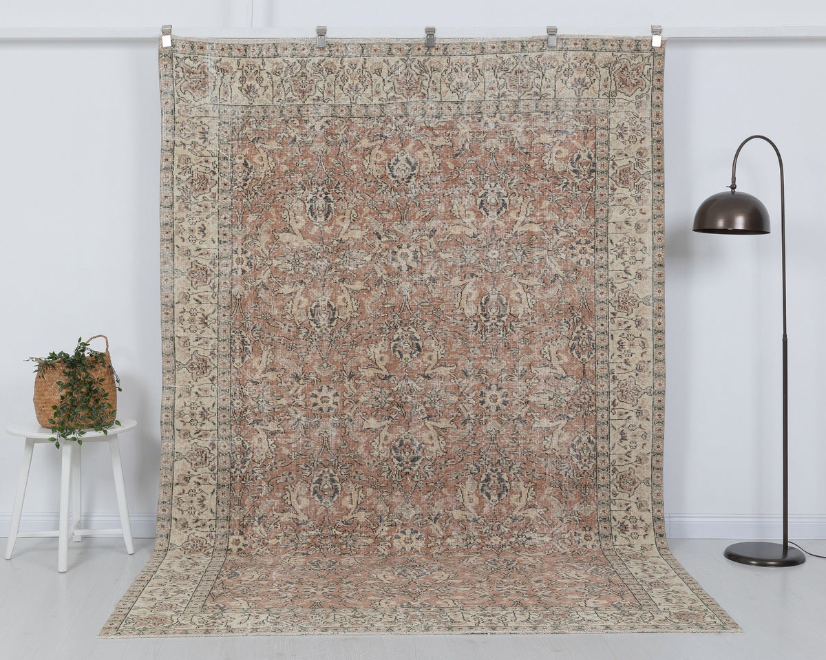 7x10 Vintage Turkish Rug, Soft Terracotta Floral – A-1052