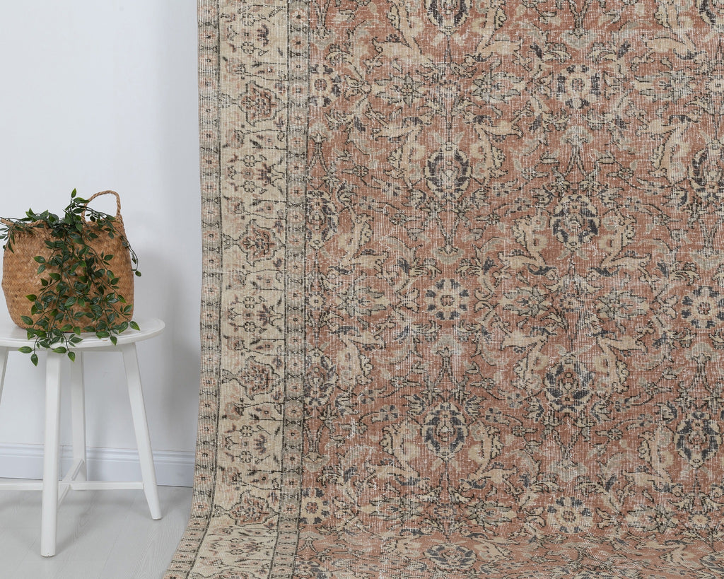 7x10 Vintage Turkish Rug, Soft Terracotta Floral – A-1052