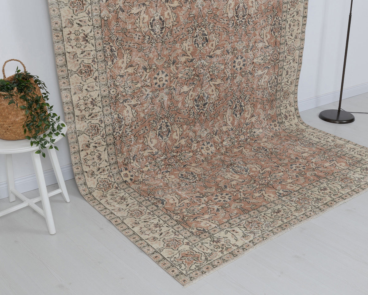 7x10 Vintage Turkish Rug, Soft Terracotta Floral – A-1052