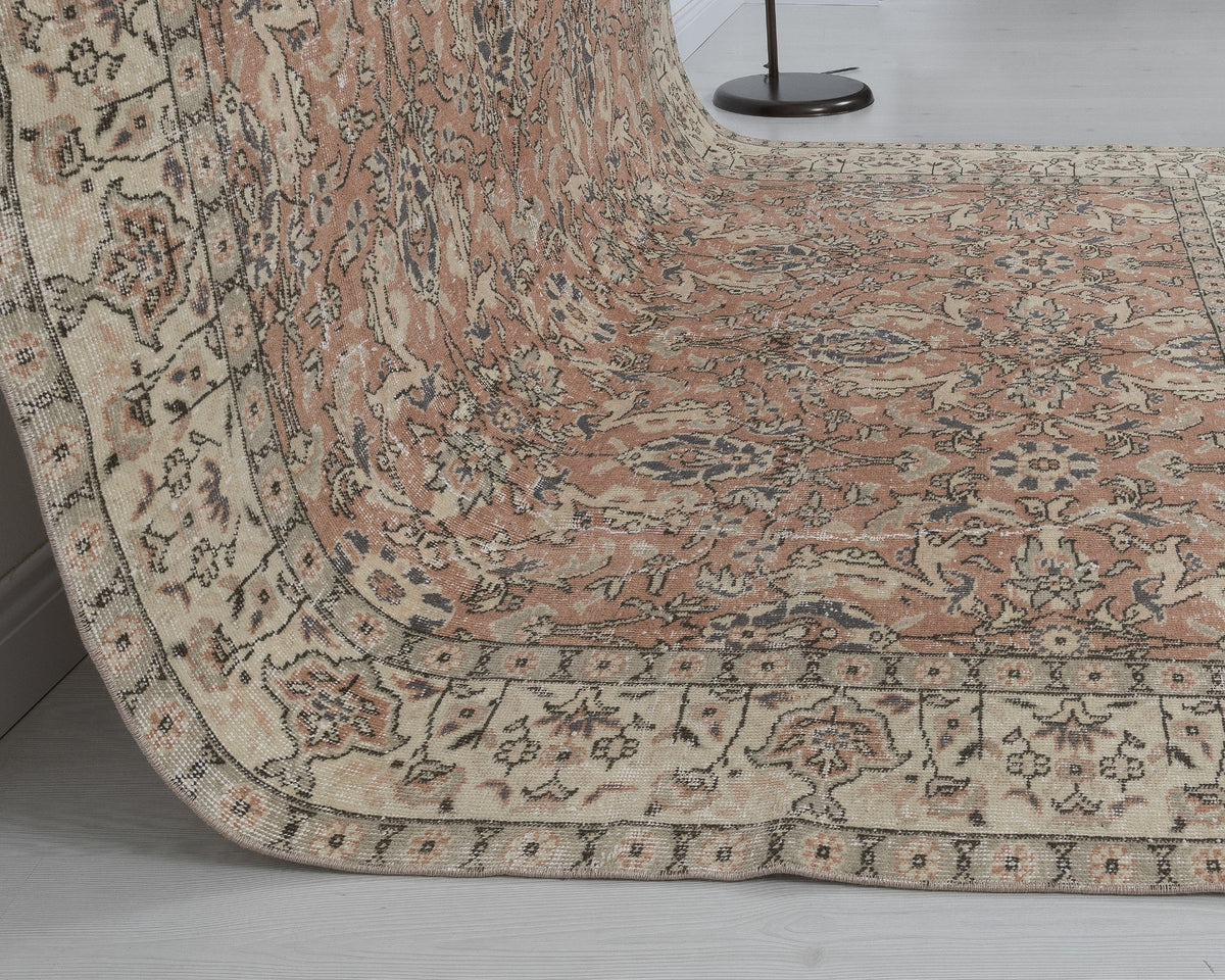 7x10 Vintage Turkish Rug, Soft Terracotta Floral – A-1052