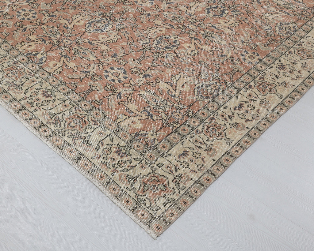 7x10 Vintage Turkish Rug, Soft Terracotta Floral – A-1052