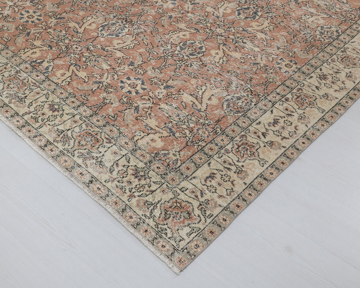 7x10 Vintage Turkish Rug, Soft Terracotta Floral – A-1052