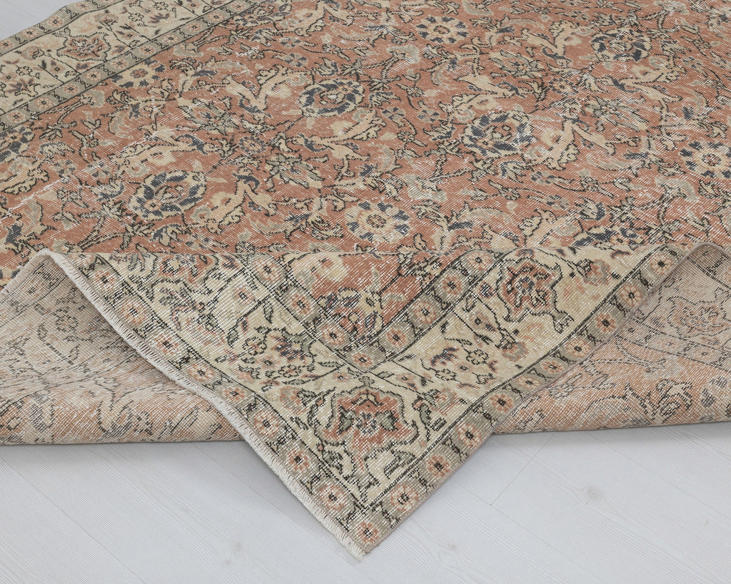 7x10 Vintage Turkish Rug, Soft Terracotta Floral – A-1052