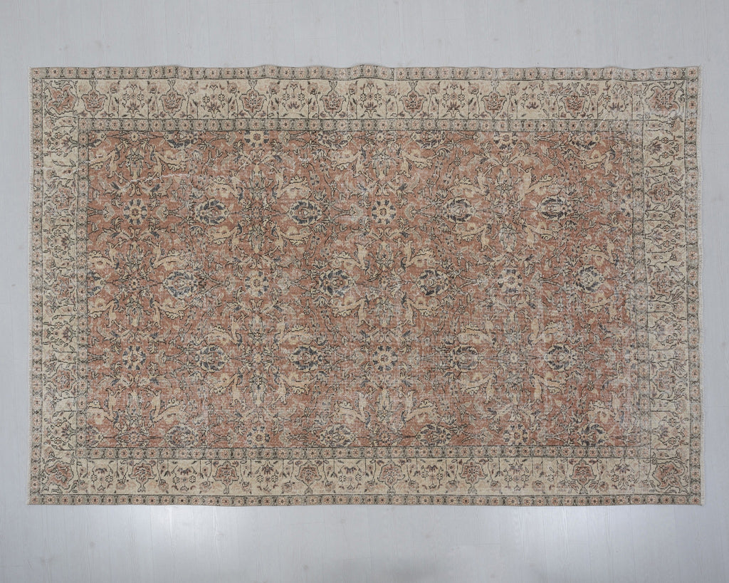 7x10 Vintage Turkish Rug, Soft Terracotta Floral – A-1052