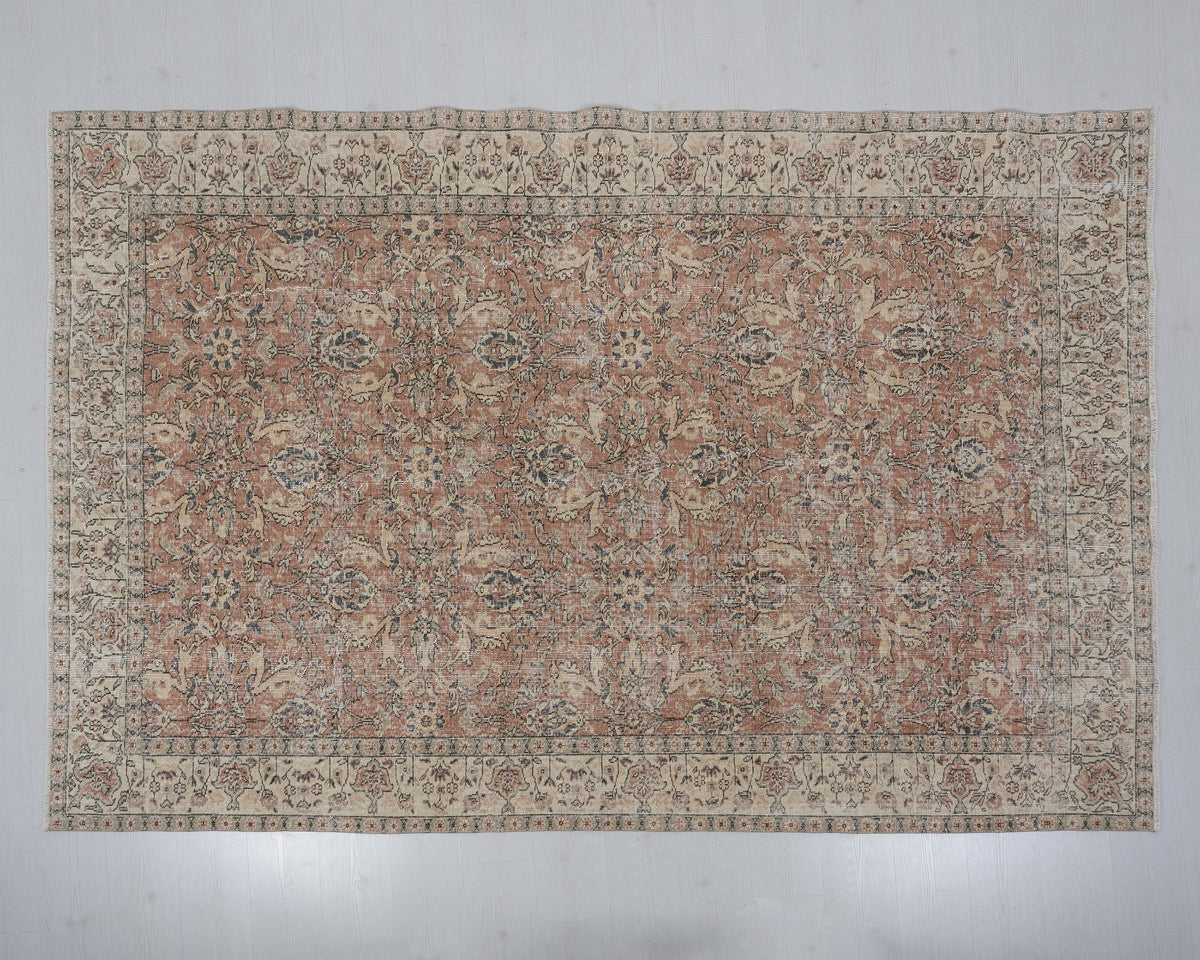 7x10 Vintage Turkish Rug, Soft Terracotta Floral – A-1052